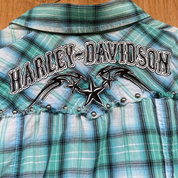 Ladies Harley Davidson Sleeveless Blouse Green/Blue 100% cotton - Picture 4 of 6